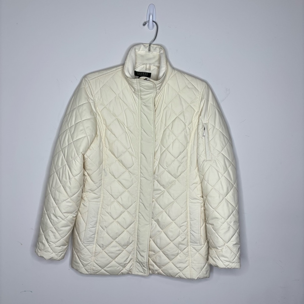 BN13 Lauren‎ Ralph Lauren Quilted Puffer Coat Ivory Petite P/M Outerwear Classic